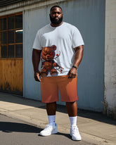 Big Men's Hip Hop Cartoon Angry Bear with Thorny Branches Printed Casual Short Sleeve T-shirt Shorts Set